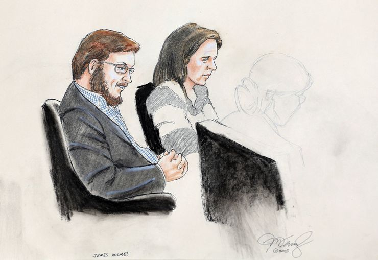 A courtroom sketch of James Holmes, left, with defense attorney Tamara Brady on the first day of jury selection.