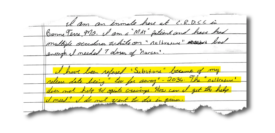 A clipping of a handwritten letter with highlighted text that reads, “I have been refused ‘suboxone’ because of my release date being ‘too far away’ — 2036. The ‘naltrexone’ does not help w/ opiate cravings. How can I get the help I need? I do not want to die in prison.”