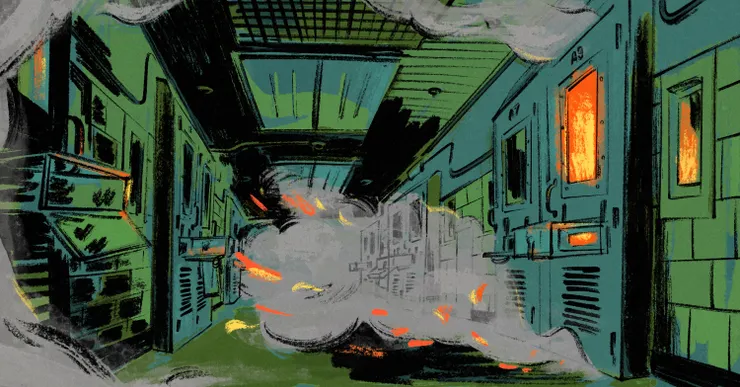 An illustration shows flames behind a prison cell door as smoke billows into a green hallway.