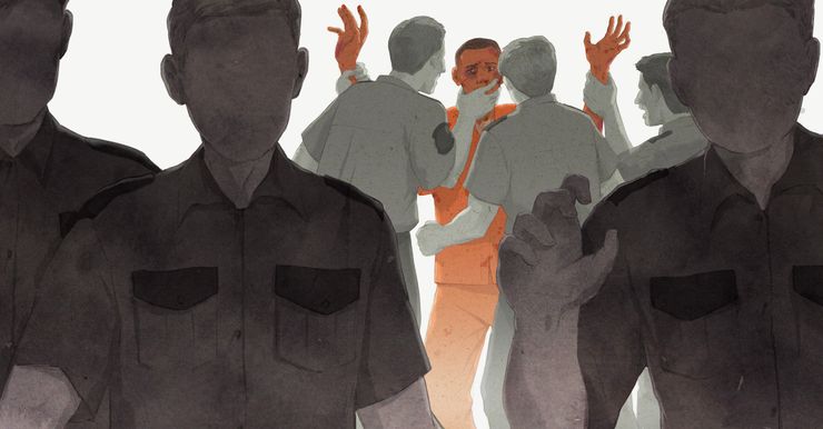 An illustration shows three correctional officers in the foreground, in shades of dark gray.  In the background, there are three correctional officers in light gray.  Two of the officers are holding up the arms of an incarcerated person in an orange uniform, while one officer covers the incarcerated person's mouth.  