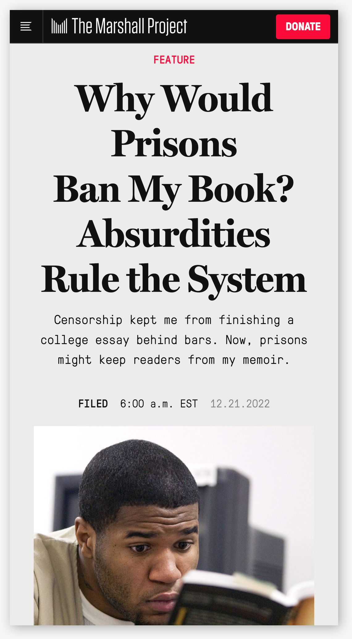 Screenshot of a Marshall Project article with the headline "Why Would Prisons Ban My Book? Absurdities Rule The System."