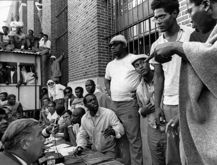 Inmates of the Attica Correctional Facility negotiating with Russell G. Oswald, lower left, the state prisons commissioner, in September 1971.