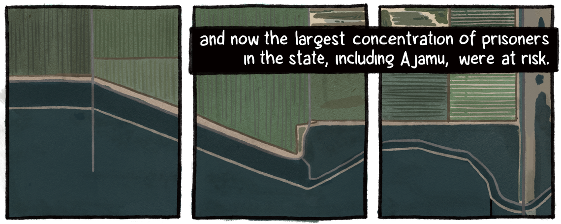 An aerial map shows the proximity of the floodwaters to the complex, highlighting the state’s decision decades ago to build the prisons in a lakebed.
