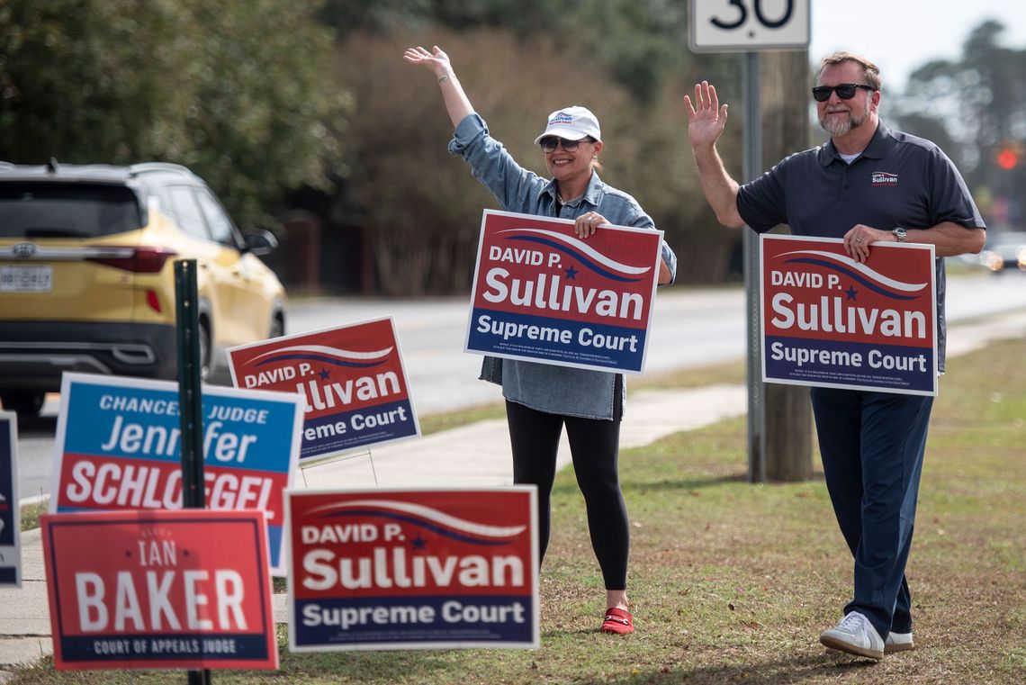 A photo shows a White woman and man with sunglasses waving at passing cars while holding signs that read “David P. Sullivan Supreme Court.” 