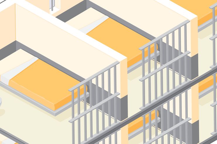 A vector illustration of a isometric modern prison cells. With bed, window and toilet.