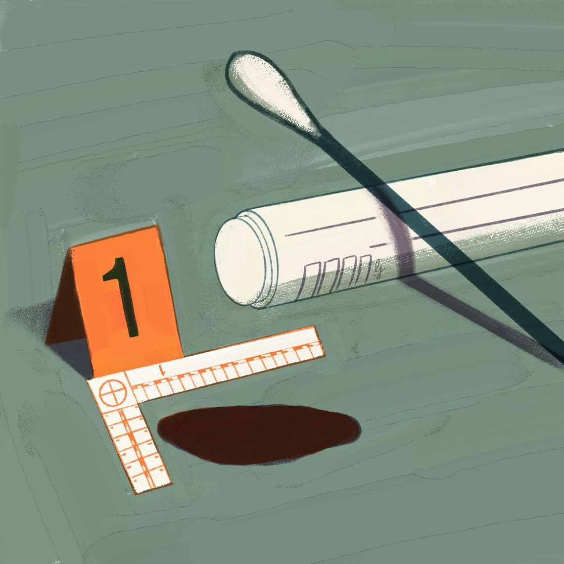 An illustration shows a test tube with a cotton swab resting on it. To the right of that is a small orange tag with the number “1” on it, behind a small ruler and a dark stain. The background of the illustration is sage green. 