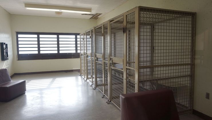 Mental health patients mingle with prison inmates at the Secure Psychiatric Unit at the New Hampshire State Prison for Men in Concord, N.H. The cages are used to contain potentially violent individuals during group therapy.