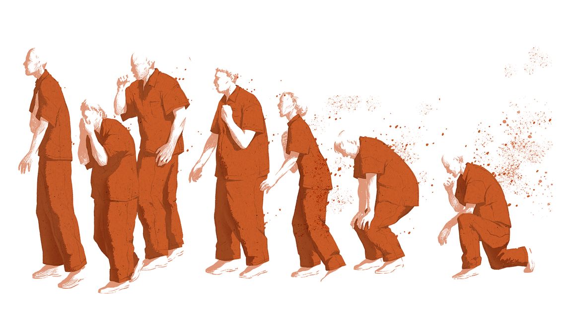 An illustration featuring a series of prisoners, dressed in orange uniforms, in varying poses of illness, such as hands cupping a face, coughing into a closed fist, bending over with hands on their knees for support. 