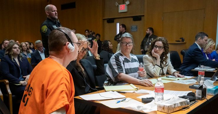 From left, James Crumbley, his attorney Mariell Lehman, Jennifer Crumbley, and her attorney Shannon Smith, sit in court in Pontiac, Michigan, for sentencing on April 9. The Crumbleys are the first parents convicted of involuntary manslaughter for a U.S. mass shooting committed by their son.