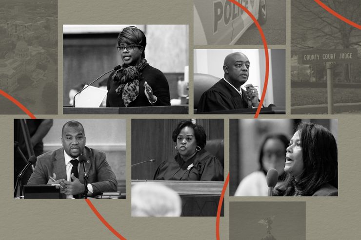 A collage illustration shows black and white photos of three Black female circuit court judges, one Black male circuit court judge and one Black male district attorney. Faded images of Jackson, Mississippi, are on the edges of the illustration. Bright, curvy orange lines weave between the images. 