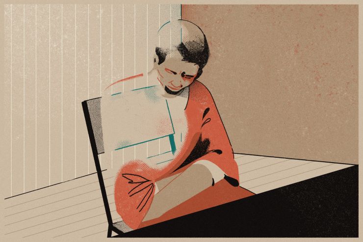 An illustration shows a man in an orange jail uniform sitting at a table with his arms crossed and head down. Part of the man appears transparent. 