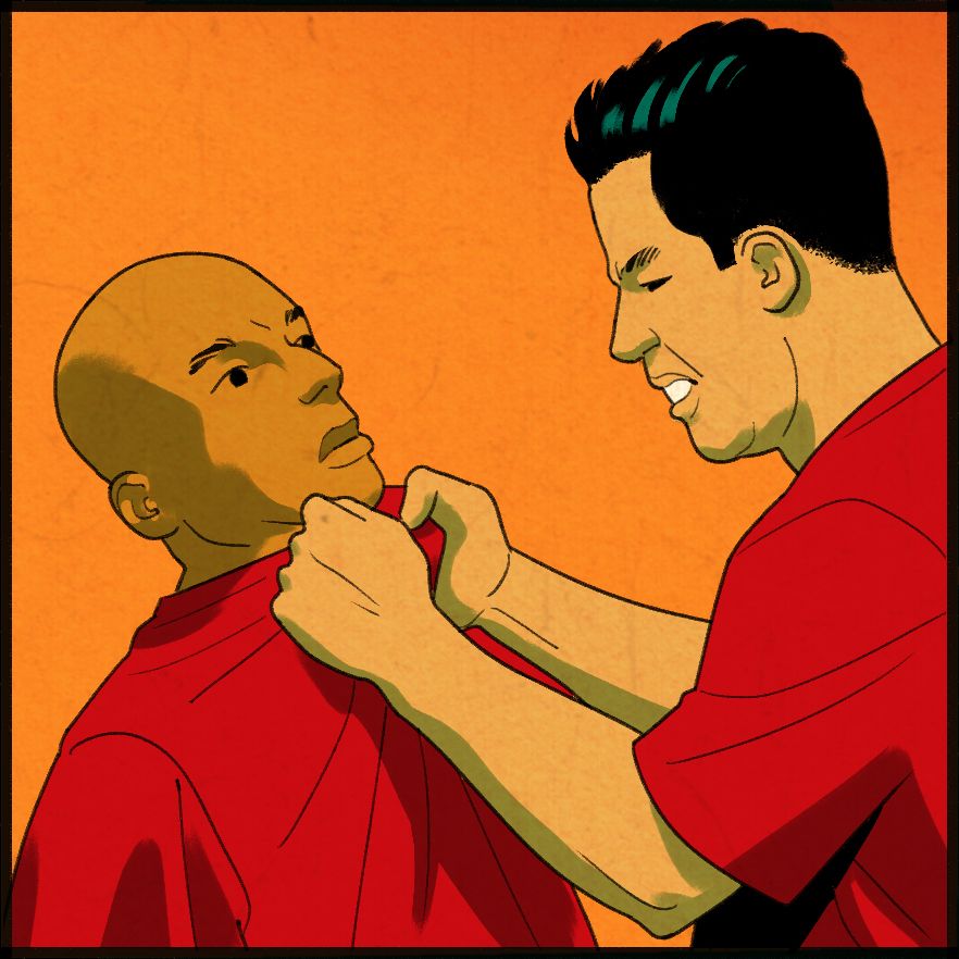 An illustration shows two incarcerated men with red shirts fighting. 