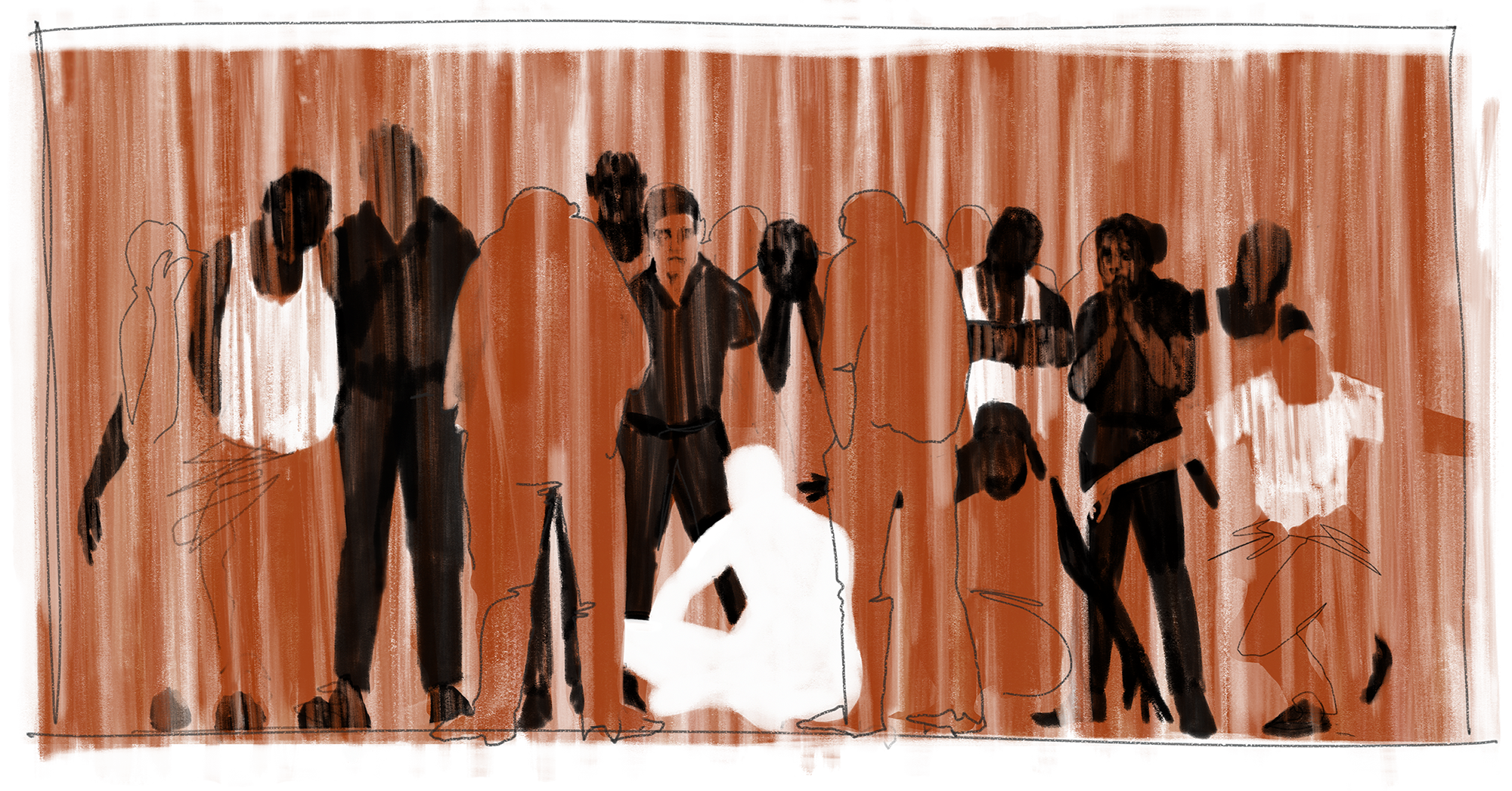 An illustration shows outlines and black and white silhouettes of various guards and prisoners. Thick orange brushstrokes are shown in the background. 