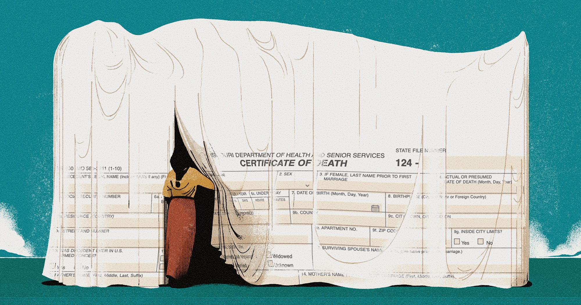 An illustration shows a floating white cloth in front of a teal background. A person in an orange outfit exits from within the white cloth, pushing the fabric to the side like a curtain. 