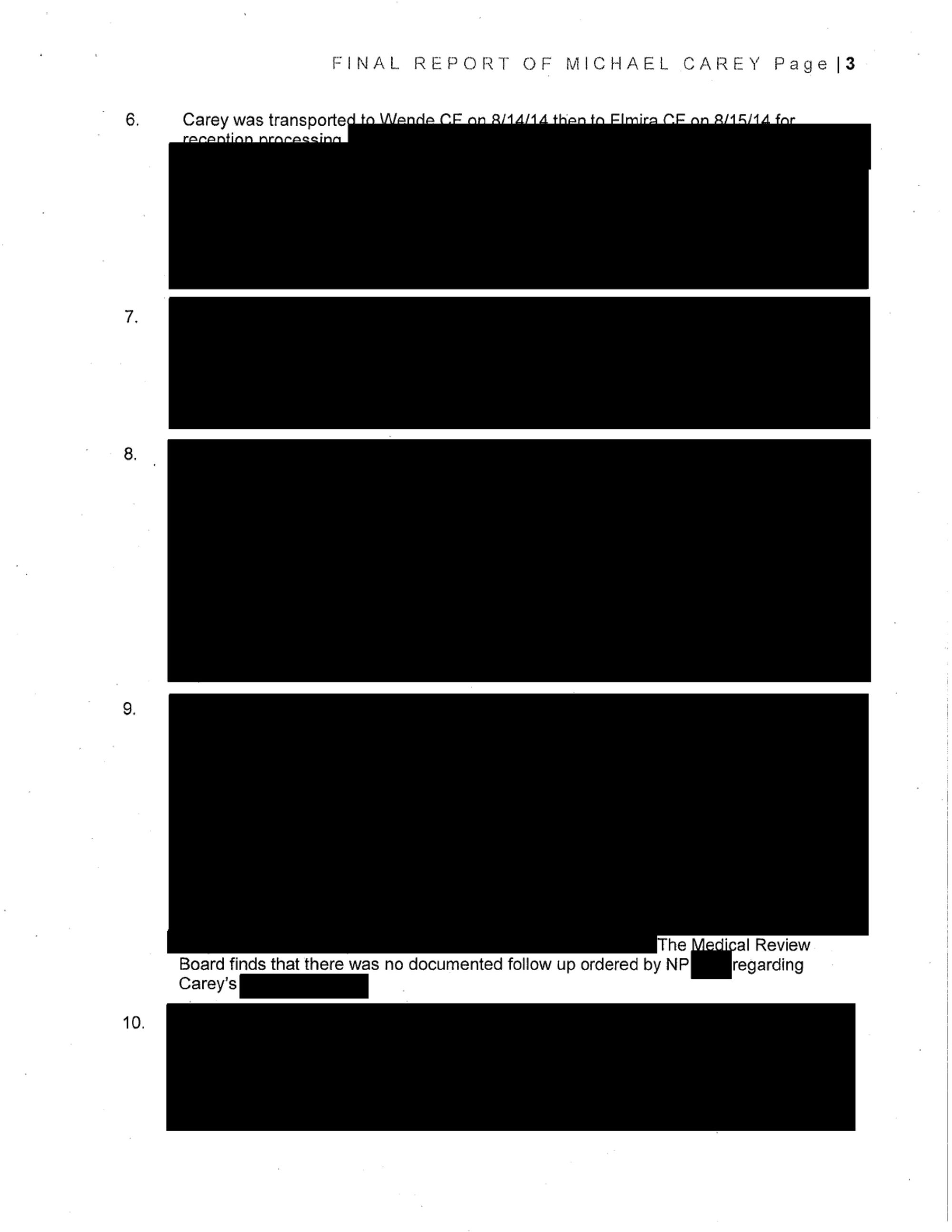 A page of text (number three of nine) in a report on Michael Carey’s death shows redactions in the form of black rectangular blocks over text. 