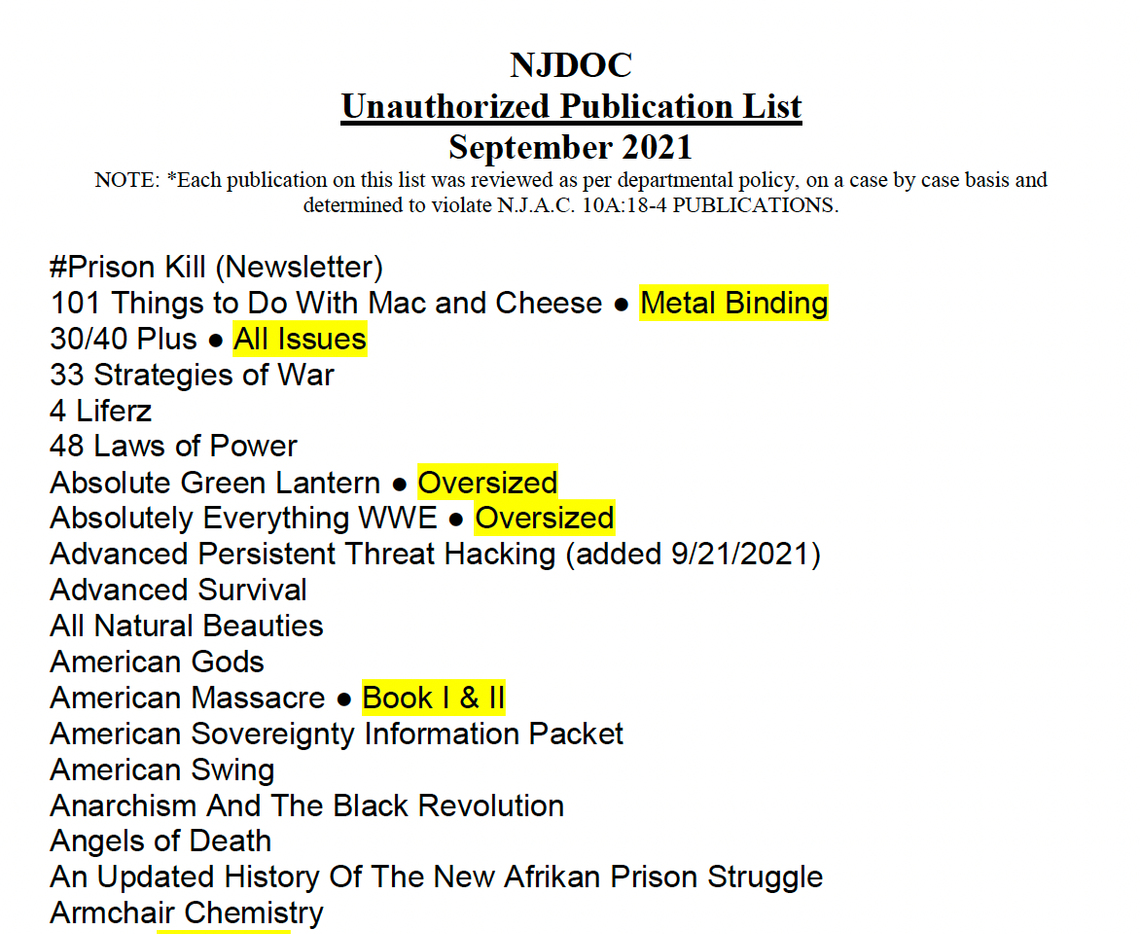 Screenshot of a PDF document entitled "NJDOC Unauthorized Publication List."