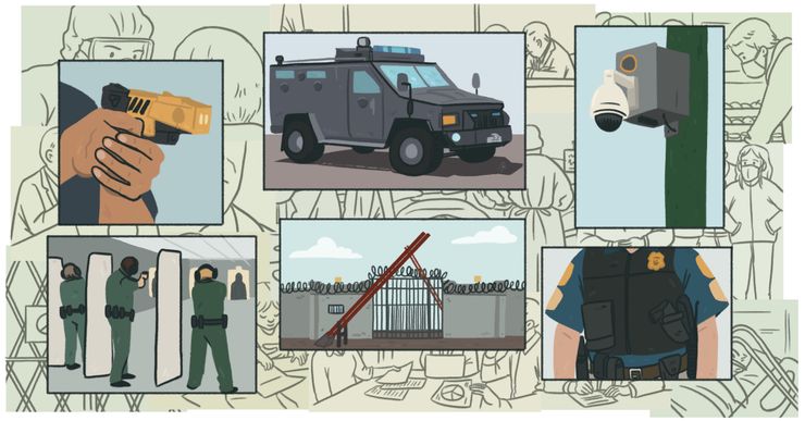 An illustration shows 6 boxes, containing: 1) hands holding a taser, 2) an armored police vehicle, 3) a surveillance camera, 4) three people at a shooting range, 5) the exterior of a prison, and 6) a police officer wearing a vest. 