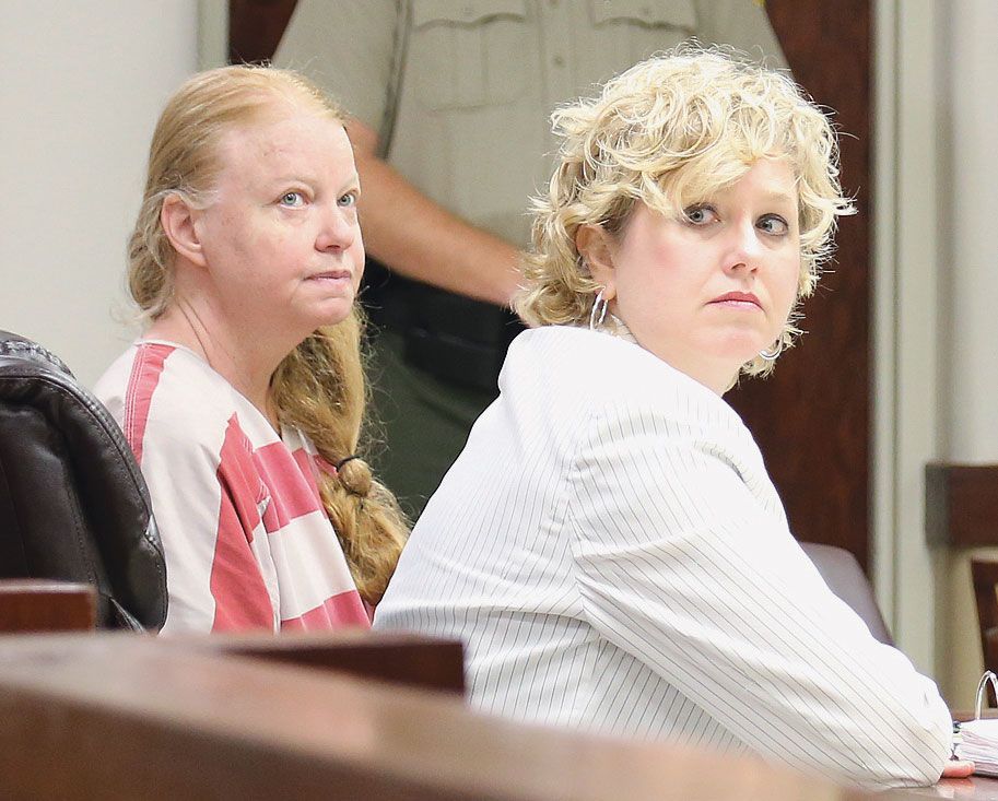 Sonya Babb, left, charged with first-degree murder in the death of her father at an appearance in court in Tennessee in 2016.