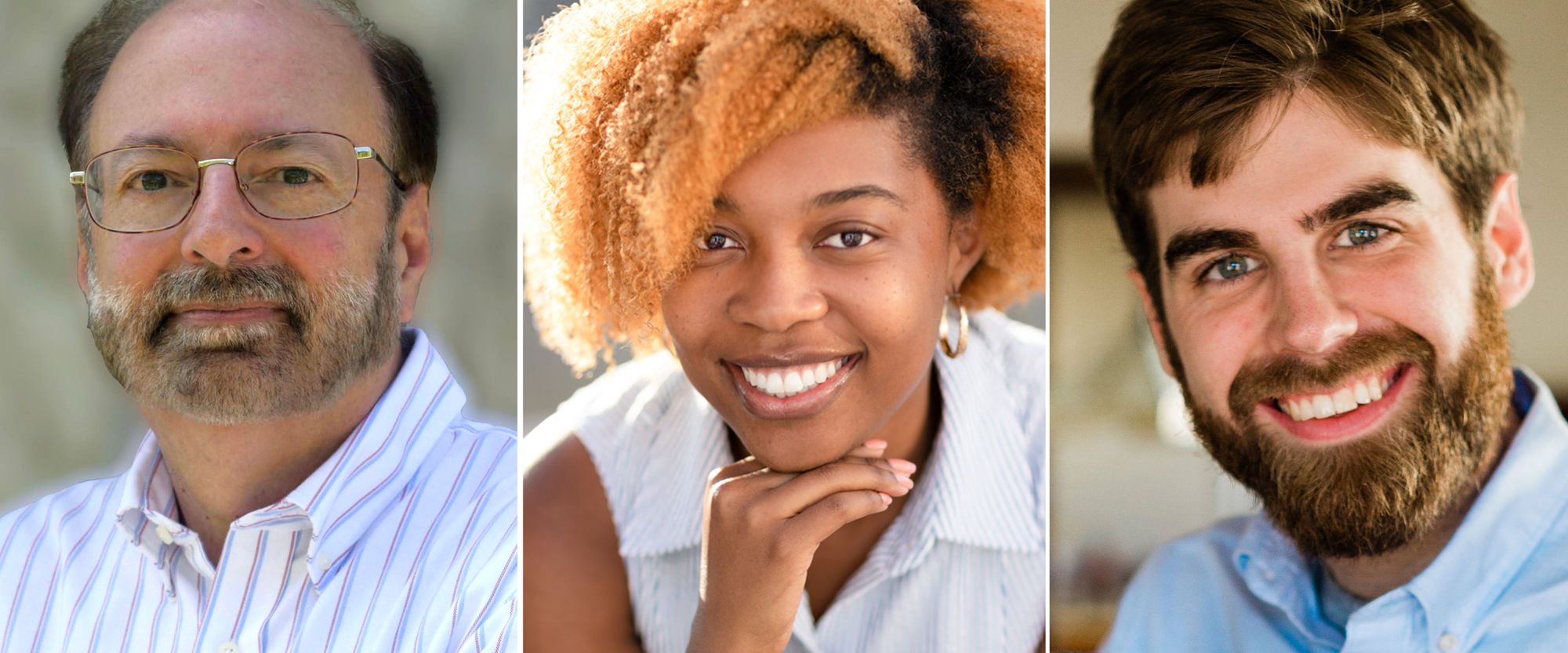 From left, headshots of Paul D'Ambrosio, a White man with glasses; Daja E. Henry, a Black woman; and Caleb Bedillion, a White man with a beard.  