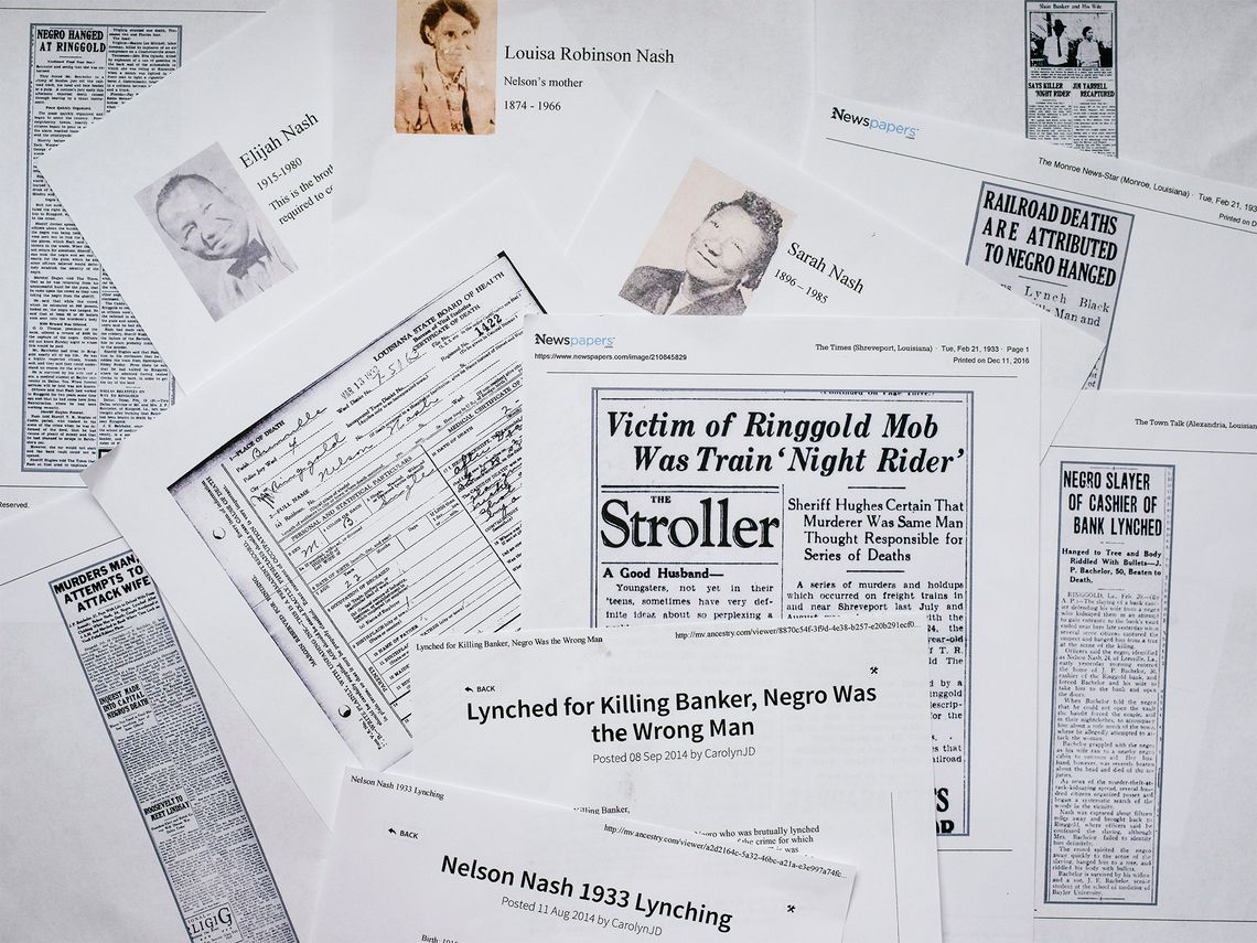 An array of news articles about the death of Nelson Nash printed by Carolyn Jordan-Daniels. 