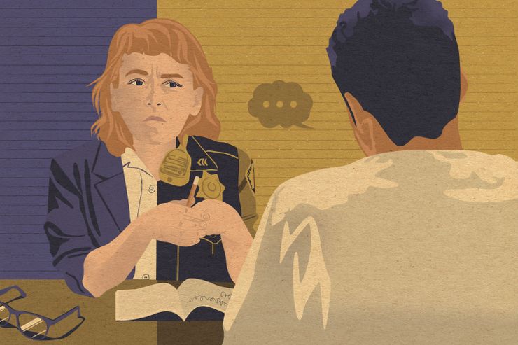 An illustration shows two people facing each other at a desk. A White, female prison psychologist wearing half of a correctional officer's uniform looks in the direction of an incarcerated person with his back to the viewer. A speech bubble is shown in front of the incarcerated person. 