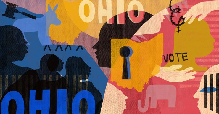 An illustration shows, from left: The silhouettes of three people against a blue background with the word "Ohio" layered over the bottom of the silhouettes; a gavel in black; a pale blue shape of a donkey symbolizing Democrats; a simplified indication of barbed wire in the shape of four upside-down "v"s; a keyhole over a map of Ohio in marigold yellow; and a pale pink shape of an elephant symbolizing Republicans against a coral-colored background in the bottom-right section of the illustration.   