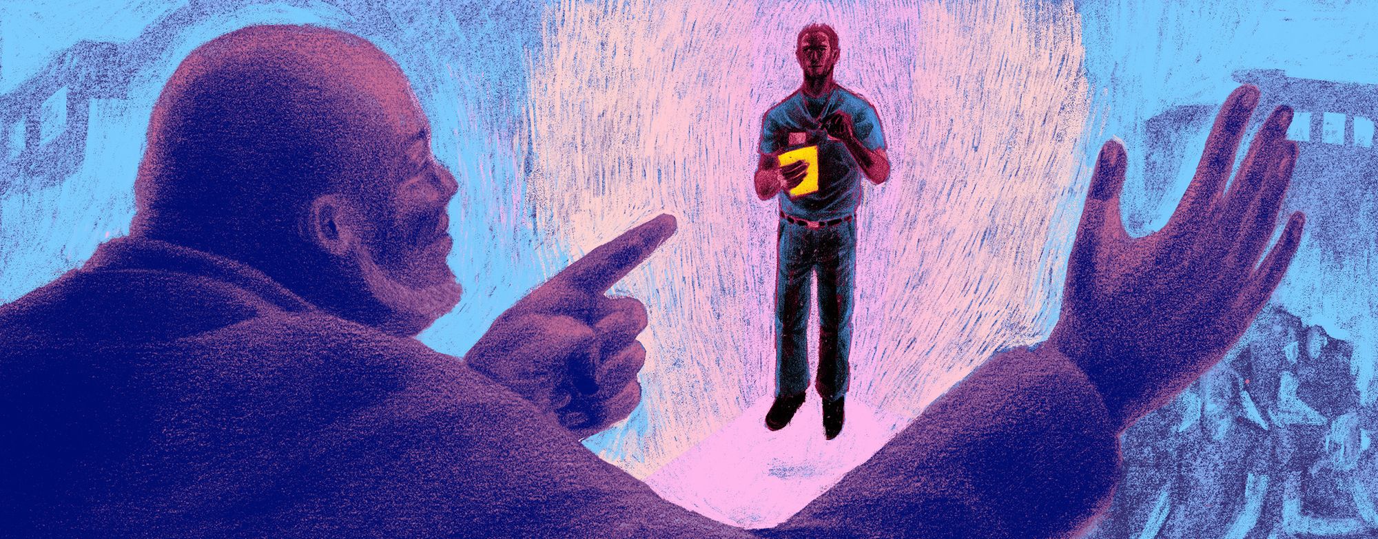 An illustration showcases Ryan Moser, who is currently incarcerated, floating and emitting a pink light while Desmond Meade points to him as he delivers an inspirational speech. 