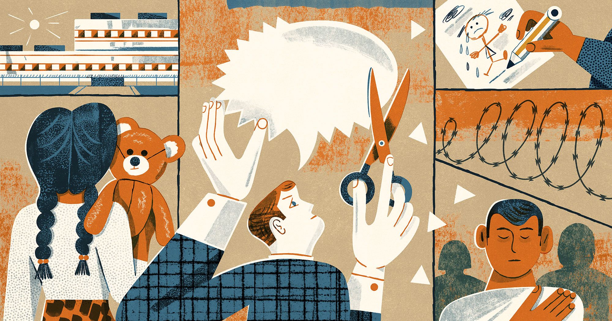 An illustration shows multiple panels related to immigration detention, such as the back of a girl with braided hair holding a teddy bear, a man cutting a speech bubble with scissors, a hand drawing a sad stick figure, barbed wire and a man with a hand on his chest. 
