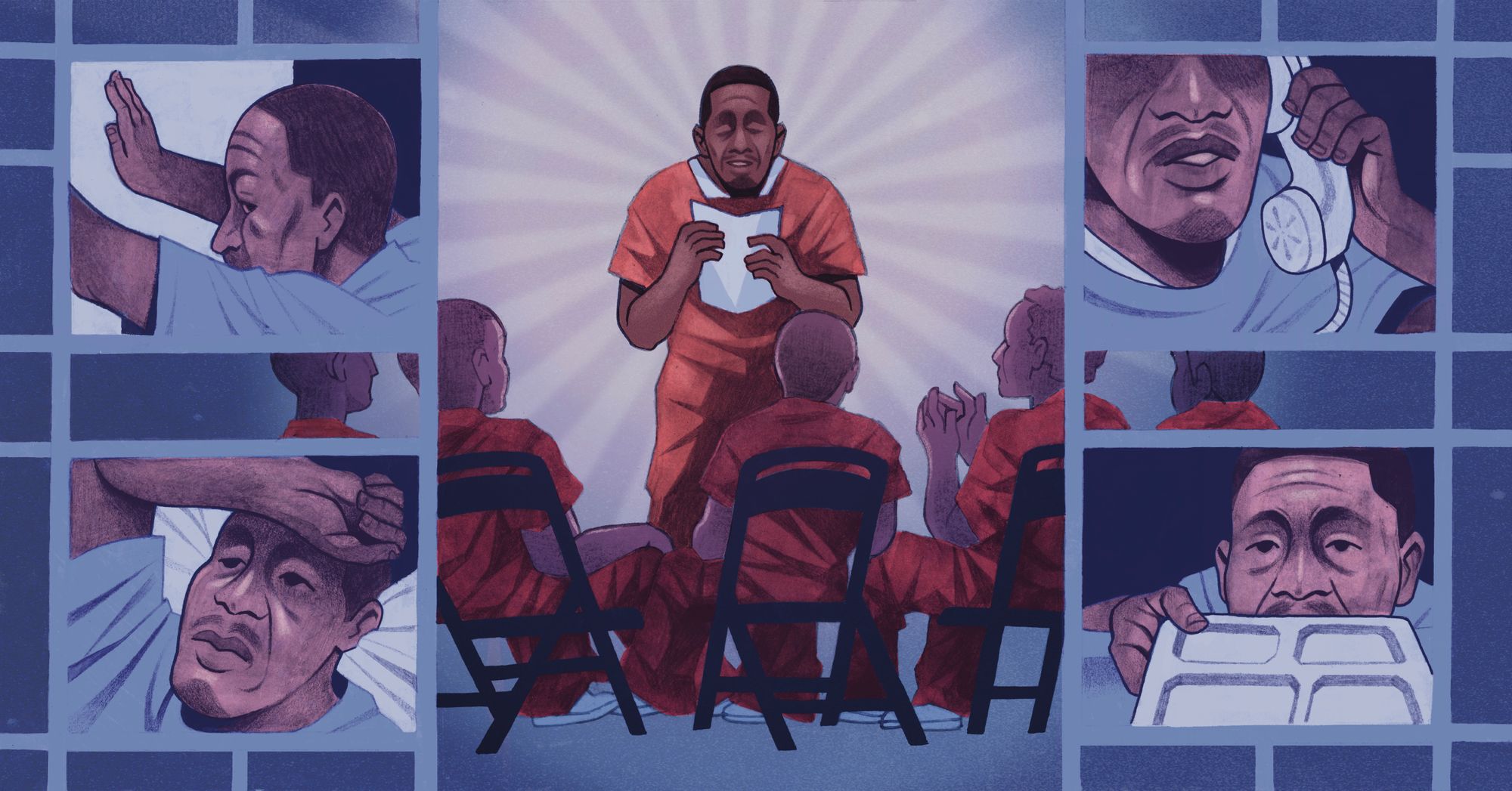 An illustration shows a man in a prison uniform holding a piece of paper and standing in front of other men in prison uniforms seated on folding chairs in front of him. Four smaller panels suggest the daily life of an incarcerated person, showing a man with his arms raised up, talking on the phone, laying in bed, and holding a tray of food.