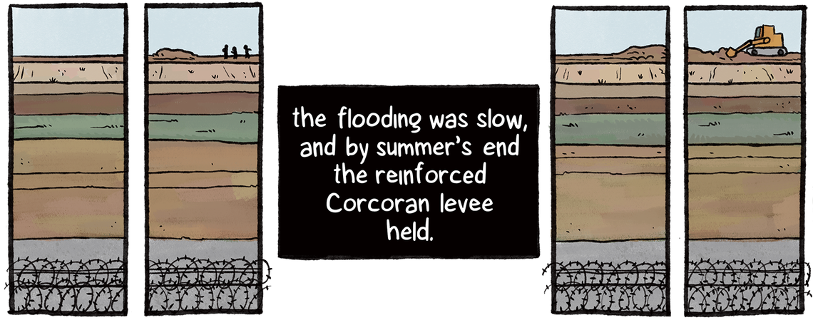 The flooding was slow, and by summer’s end, the reinforced Corcoran levee held. A slice of the landscape shows the lake water, the bare shoreline, grass and a construction crew from afar.
