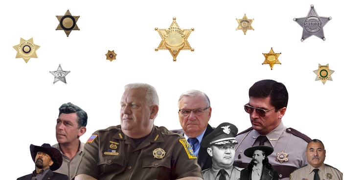 A photo collage composed of figures of, from left, former Milwaukee County, Wisconsin, Sheriff David Clarke, a Black man; fictional Sheriff Andy Taylor from “The Andy Griffith Show,” a White man; Frederick County, Maryland, Sheriff Chuck Jenkins, a White man; former Maricopa County, Arizona, Sheriff Joe Arpaio, a White man; Dallas County, Alabama, Sheriff Jim Clark, a White man; former Graham County, Arizona, Sheriff Richard Mack, a White man; Western lawman “Wild Bill” Hickok in 1860; and Grant County, New Mexico, Sheriff Frank Gomez. Sheriff's badges are scattered above the collage.