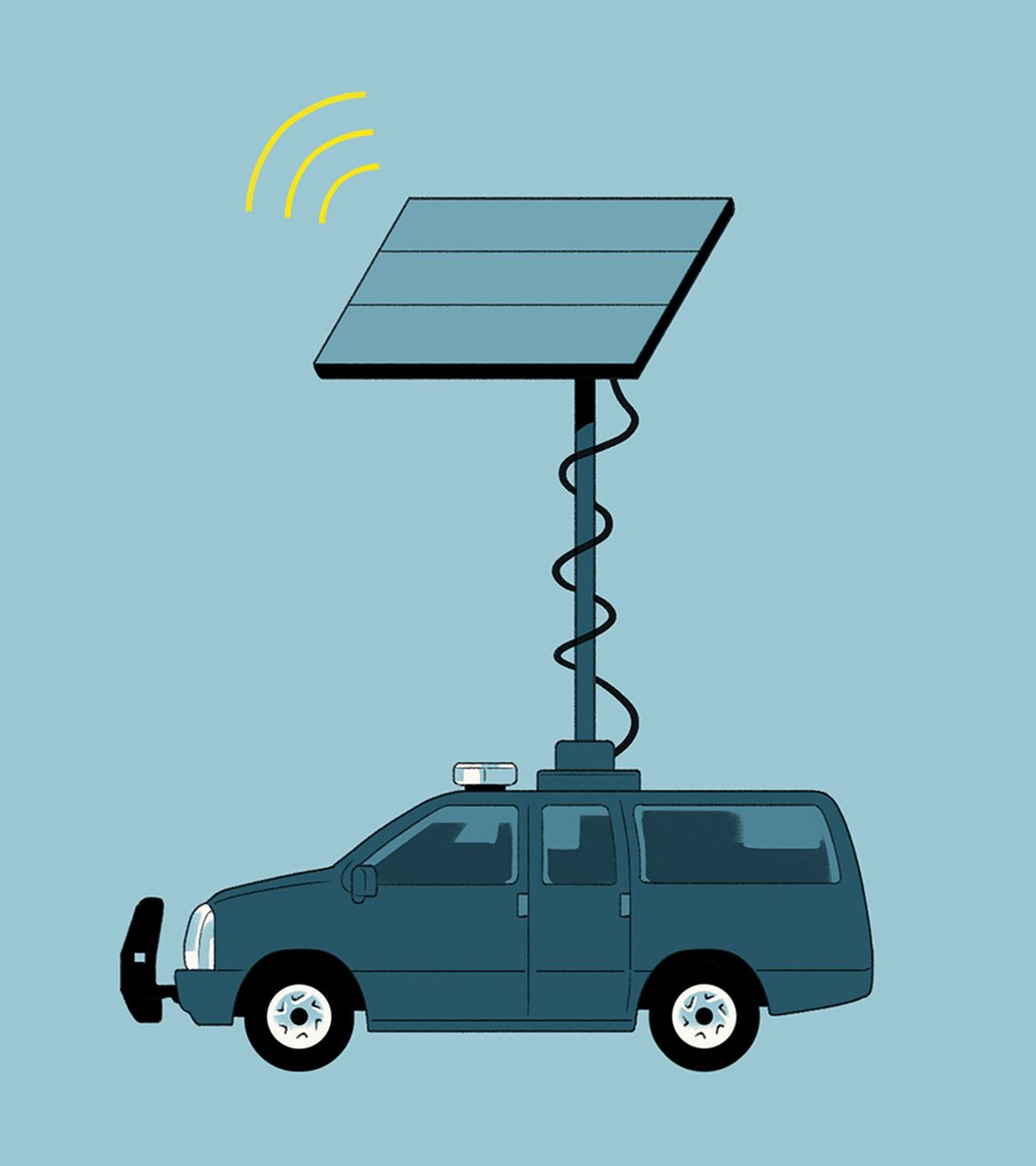 An illustration shows a pole with wires and a panel on top of a police van emitting a yellow cellular signal. The illustration has a mostly blue color scheme with some yellow details. 