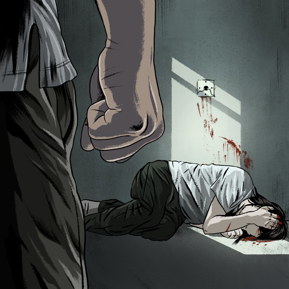 An illustration mostly in muted green, white and peach tones shows Grace Pinson, a trans Latina, lying on the ground in a fetal position, with one hand over her face. Blood is smeared on the wall and the ground near her head. A call button appears ripped out of the wall behind her. A man looms in the foreground with a closed fist. 