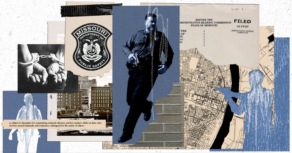 A blue, black and white collage shows images of police officers, silhouettes, two hands handcuffed, a logo of the Missouri Department of Public Safety, a map, a brick wall and clippings of a court case.