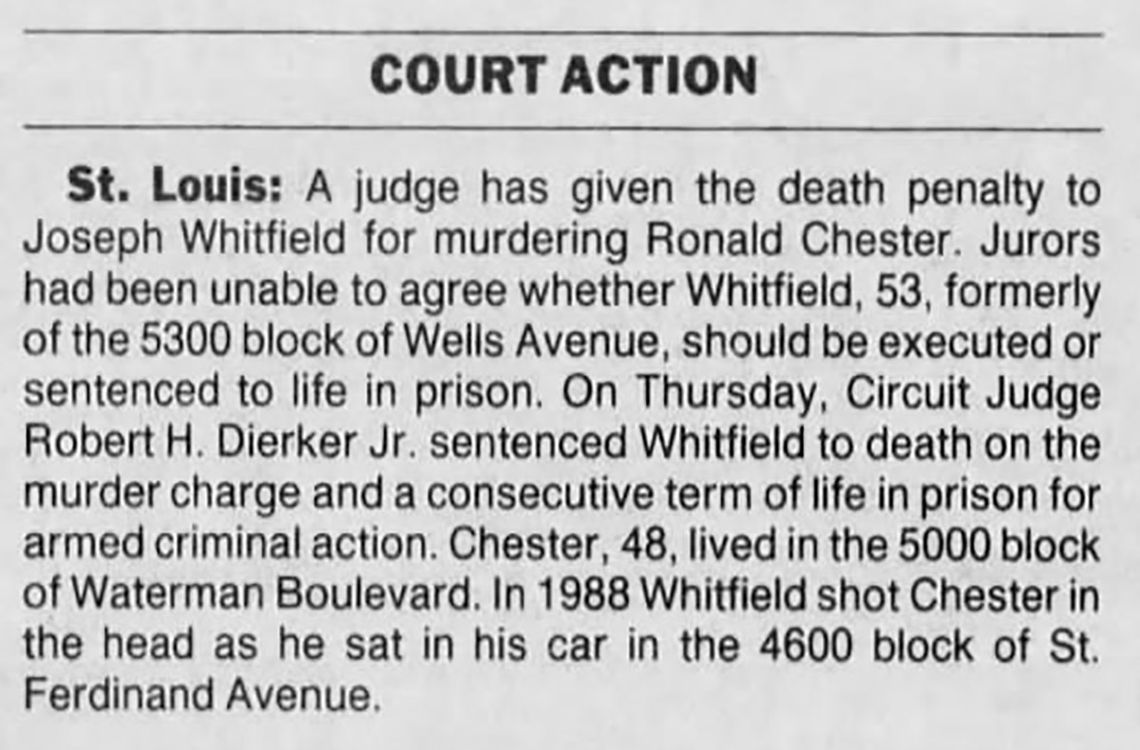A St. Louis Post-Dispatch news clipping cites a judge sentencing an individual to be executed after jurors were unable to make an agreement. 