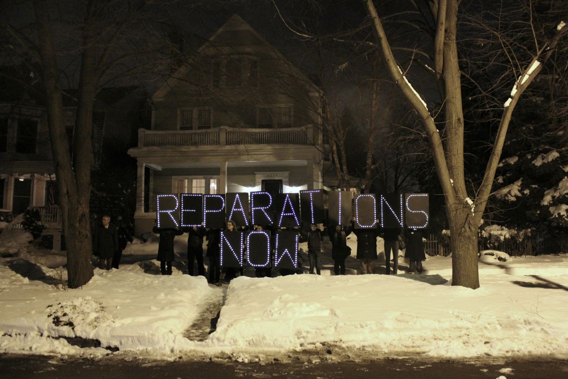 Members of The Chicago Light Brigade, Project NIA and Chicago Torture Justice Memorials demand reparations for the victims of Chicago police torture at the doorstep of Mayor Rahm Emanuel’s home. 
