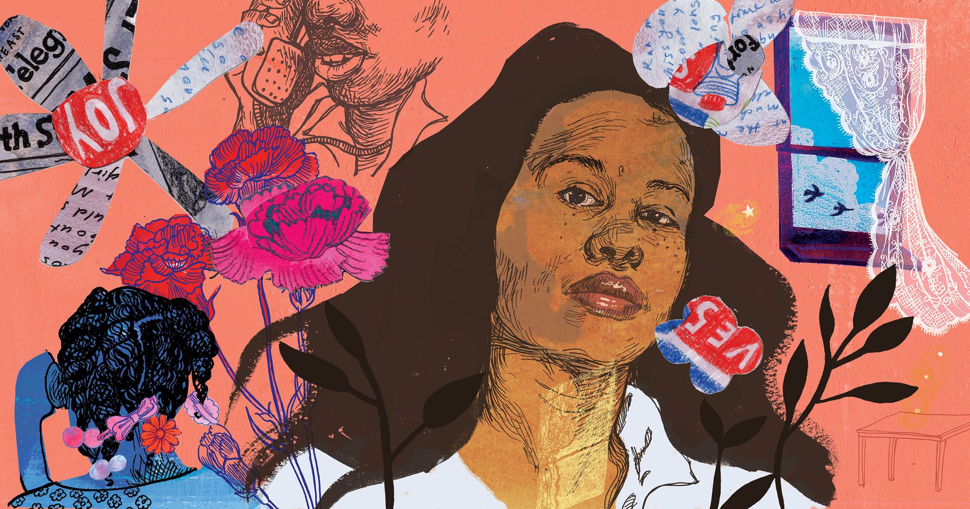 An illustration shows the head and shoulders of Kwaneta Harris, a Black woman with long hair. She is wearing a white shirt, and several images surround her. Clockwise from the bottom left are: a child on the phone, some pink flowers, a flower with petals made of newspaper articles and letters, another young person on the phone, and a window with a white lace curtain. Birds are visible through the window. The background of the illustration is peach-colored.