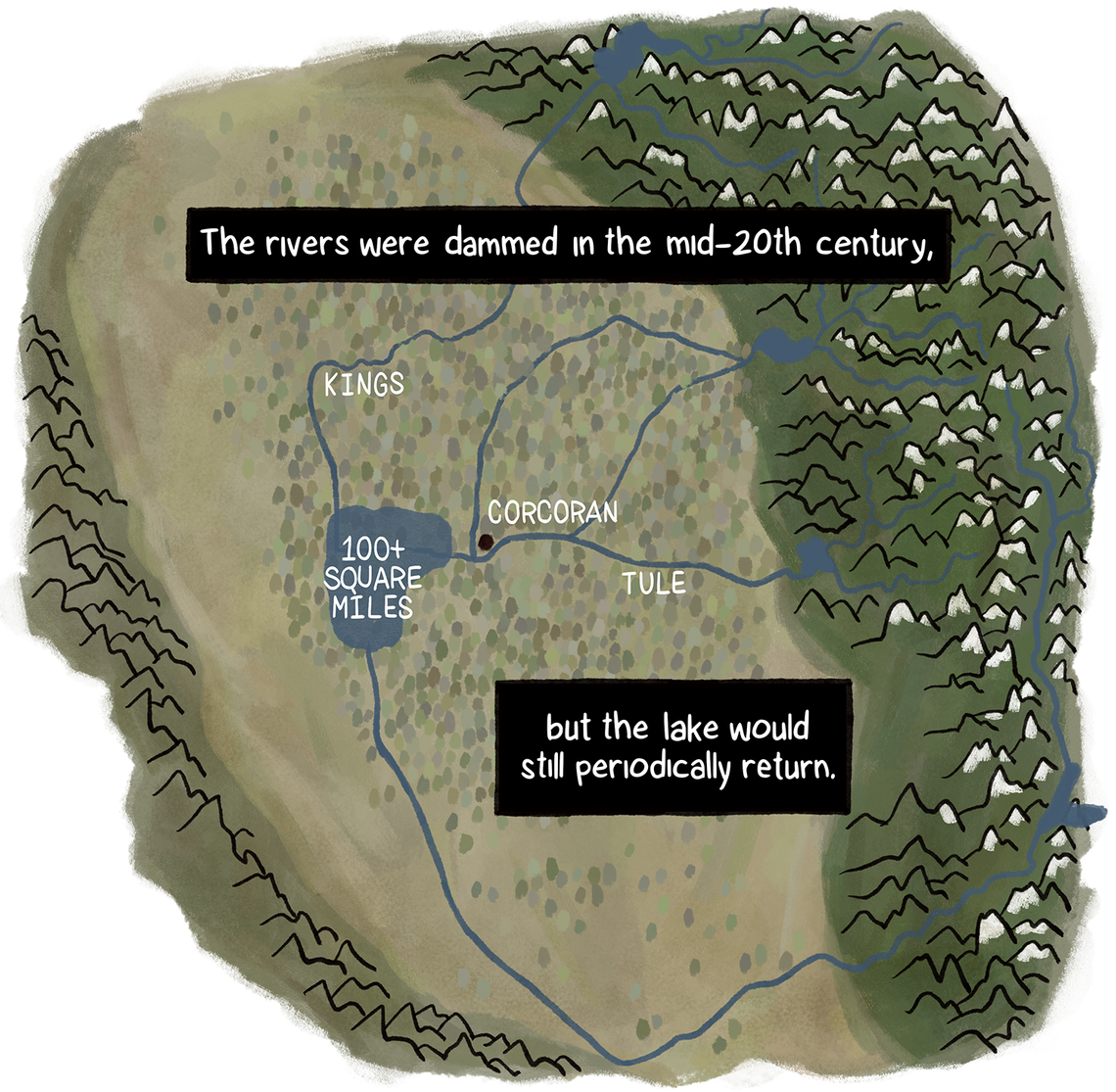 The same map shows that by the mid-20th century the lake, which periodically returned, had grown to more than 100 square miles after nearby rivers were dammed. 