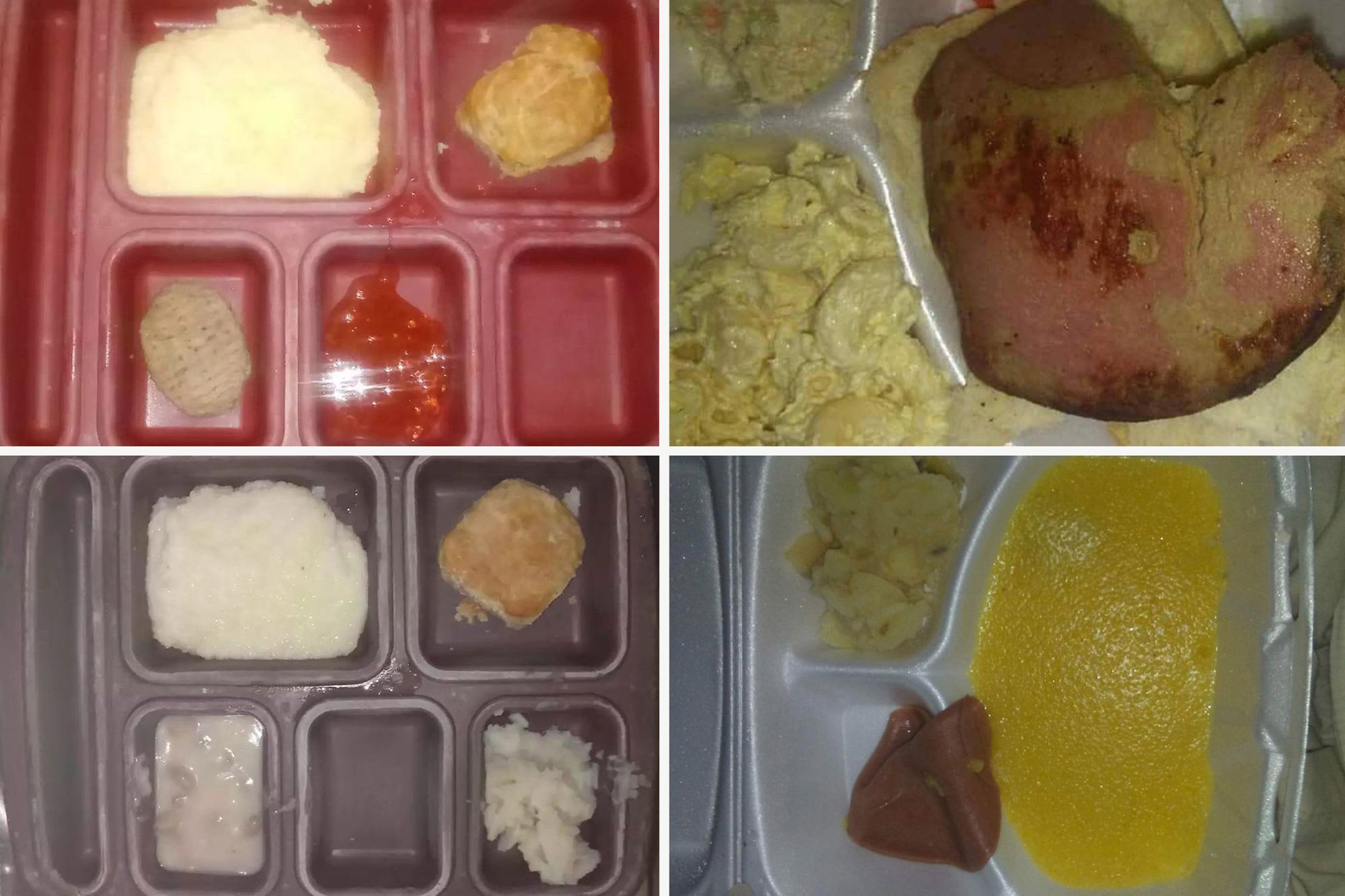 Four images of food trays show several compartments with what looks like mashed potatoes, biscuits, scrambled eggs, gravy and discolored ham. 