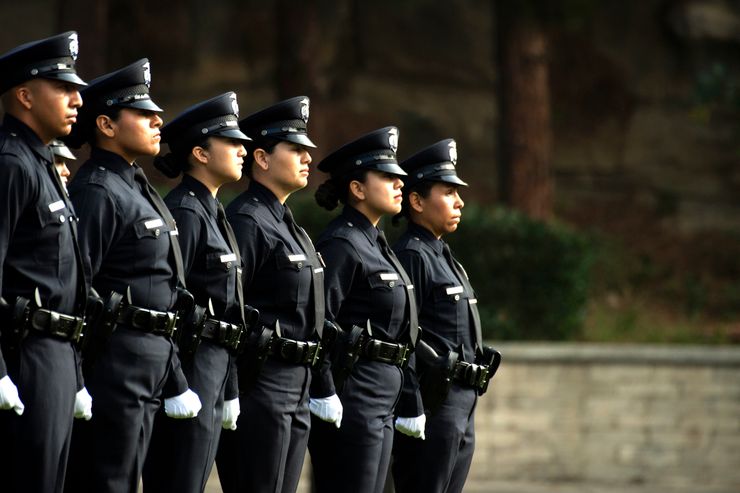 Police officers are lined up diagonally. 