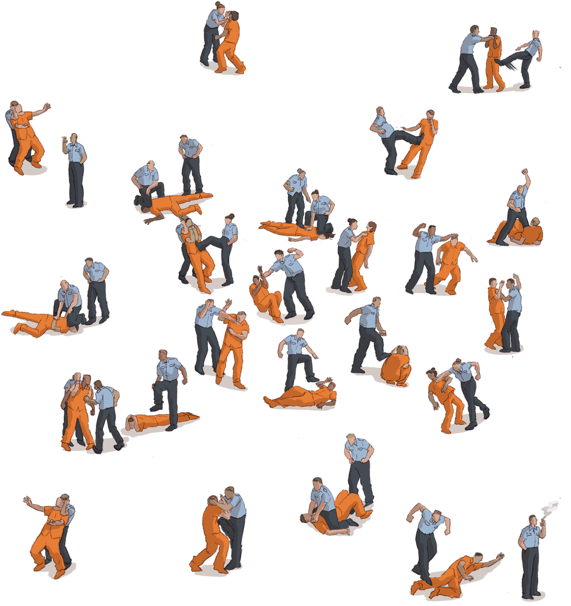 An illustration shows about 50 tiny figures of correctional officers in blue shirts and dark blue pants interacting with incarcerated people in orange uniforms.  Some of the correctional officers are punching or kicking people, or shouting or threatening them.  