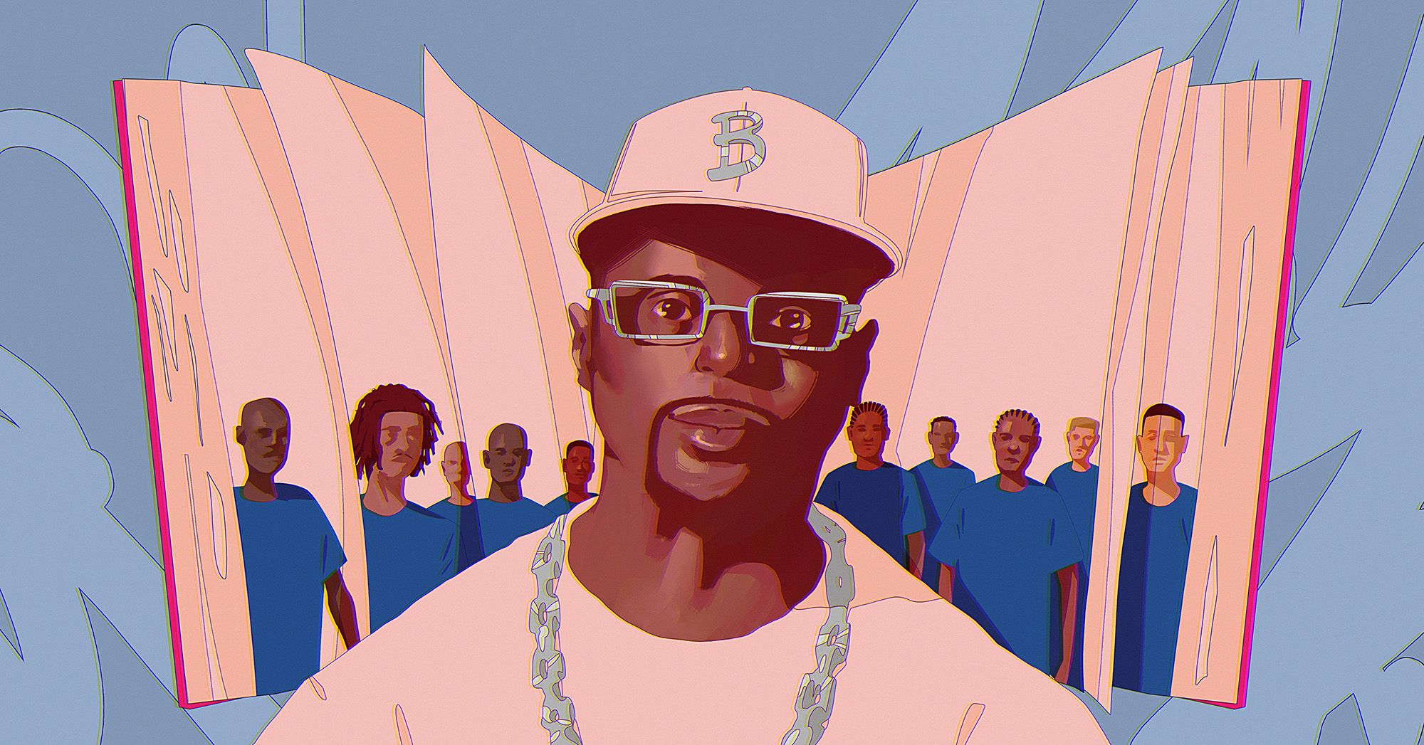 An illustration shows a portrait of a Black man, wearing glasses, a white cap with the letter "B," a silver chain necklace and white shirt. In the background, a book is floating, with portraits of male teenagers in blue uniforms on several pages. 