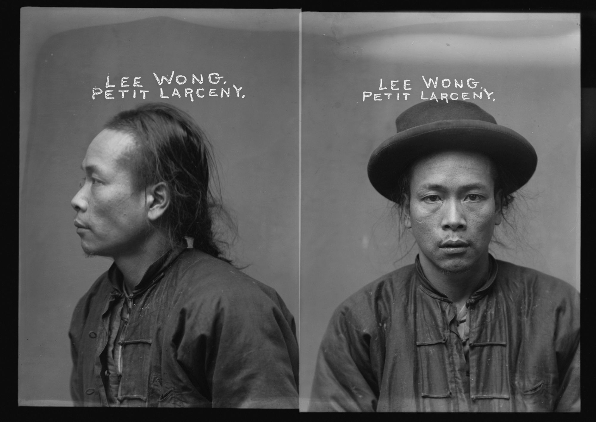A black-and-white photo shows side-by-side mug shots of an Asian man facing the camera and in profile. Above his head and written on the photo is “Lee Wong, Petit Larceny.” 