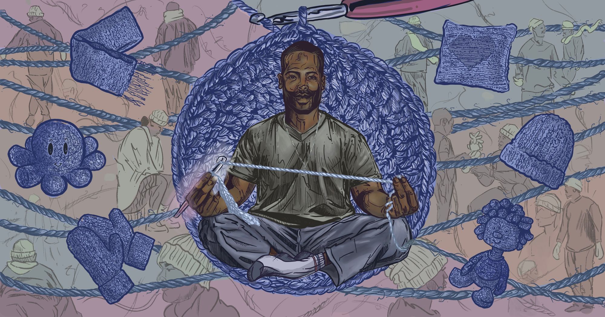 An illustration shows a Black man sitting cross-legged in the center, holding a crochet needle and yarn.  Behind him is a blue crocheted circle, and surrounding the circle are different crocheted items, including a scarf, hat, baby toys, and mittens.  Faintly in the background, there are scenes of a person giving crocheted items to people in prison and others wearing crocheted items. 