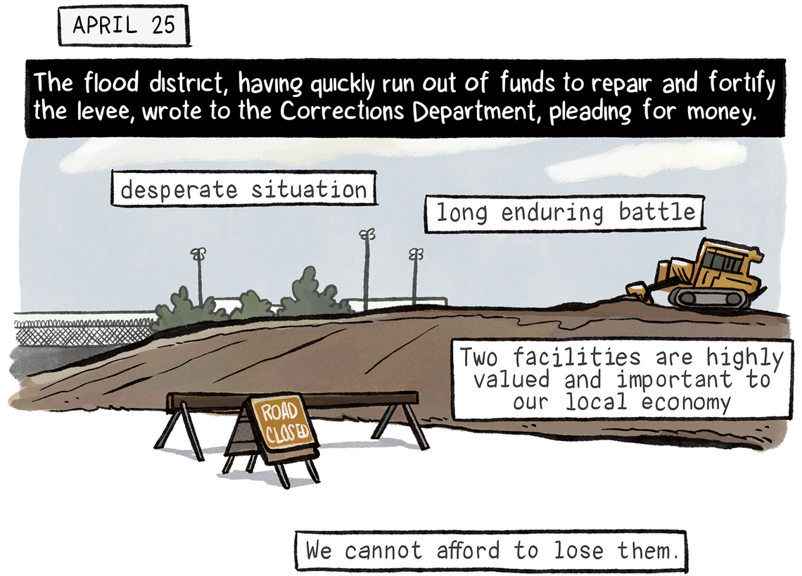 The flood district quickly ran out of the funds to fortify the levee. They wrote to the Corrections Department on April 25, pleading for more money. A sign reads “Road Closed” beside the levee. A bulldozer sits atop a hill near the water.