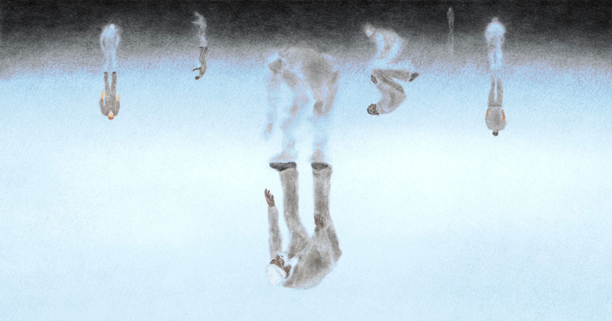 An illustration in tones of light blue and gray shows six people, whose reflections are visible below them.  A man in the foreground reaches towards his reflection.  The five other figures are farther away and smaller.  The figures are drawn in an abstract manner through shadowing and highlights.   