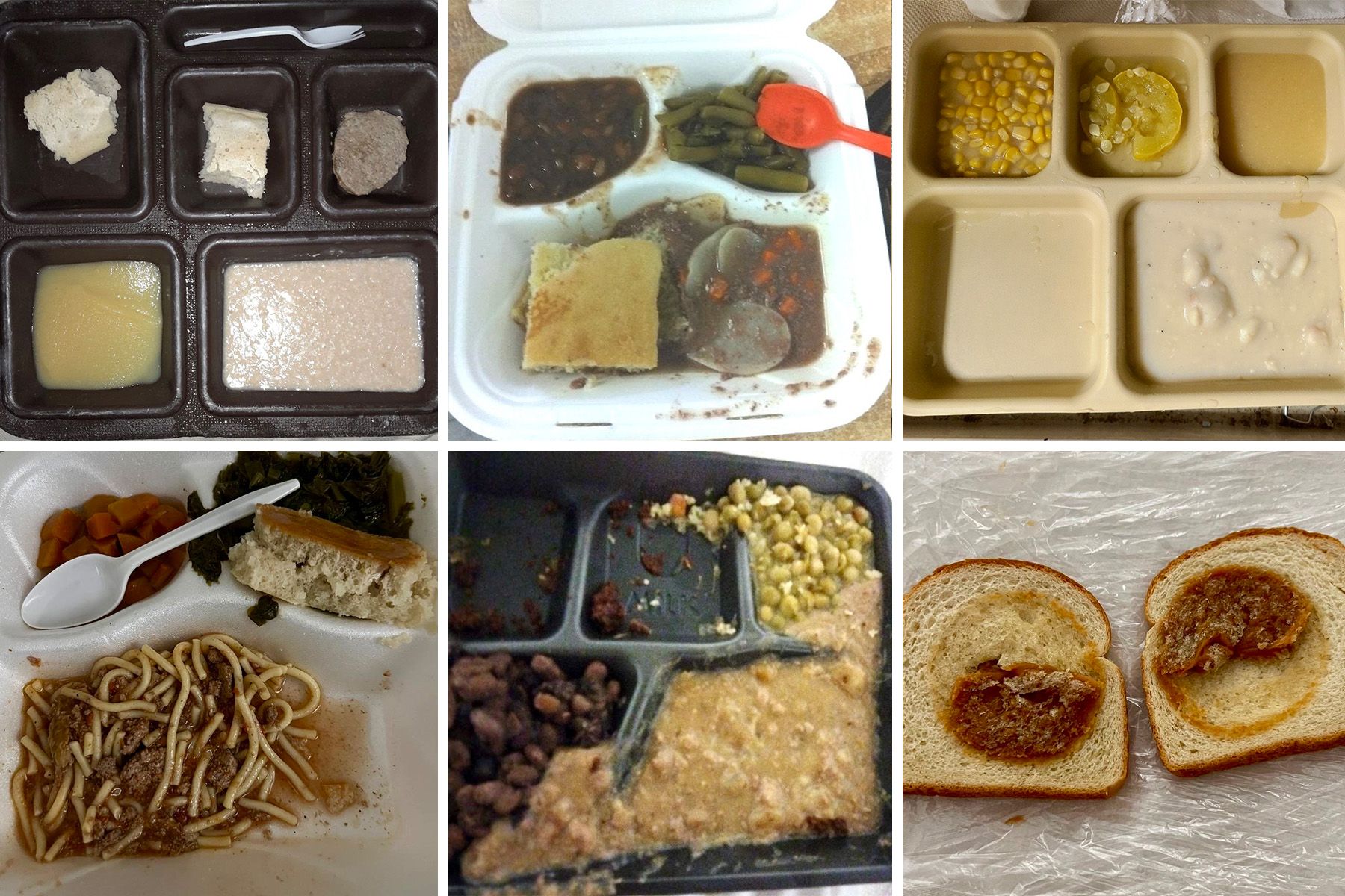 Six images of food trays show several compartments with what looks like mashed potatoes, biscuits, gravy, corn, beans, vegetables, discolored spaghetti and bread. 