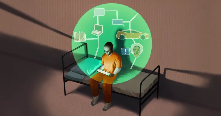 An illustration shows a Black man with glasses holding an electronic tablet, wearing orange, and sitting on a bed in a room.  There is a green circle around his upper body, and in the circle are drawings of a book, a laptop, a car, and his son speaking.  