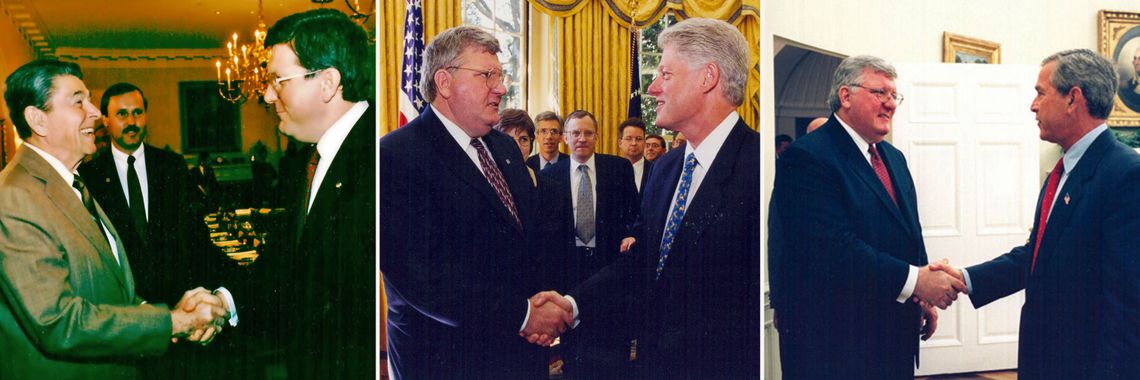 "I laugh when I think I am probably the only felon who has been invited to three separate White House signing ceremonies."
Pat Nolan with, from left, Ronald Reagan, Bill Clinton and George W. Bush. 