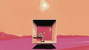 An illustration shows a floating prison cell in the middle of a red barren landscape. A person in a gray uniform sits on a bed and leans on a wall inside the cell. 